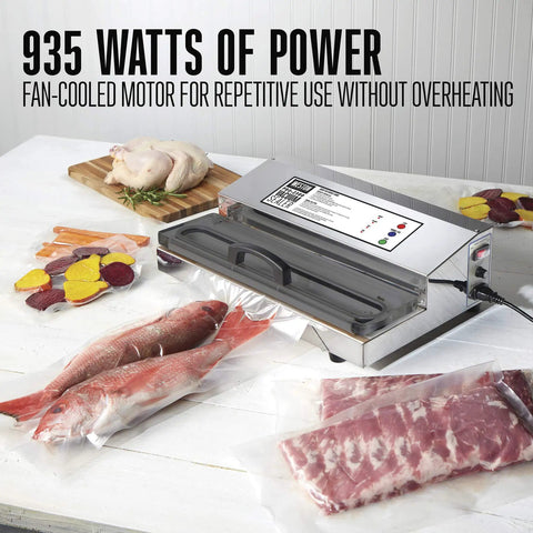 Heavy Duty Commercial Grade Vacuum Sealer Machine For Food Preservation And Sous Vide Cooking With Extra Wide Seal Bar For 16 Inch Bags And 935 Watt Power, shown sealing fish and meats.
