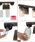 Two Light Mason Jar Vanity Light With Faux Wood Finish In Rustic Farmhouse Cozy Vibe Style Moisture Proof Metal Bath Vanity Lighting For Bathroom Or Bedroom Brown, showing installation of light bulb and jar.