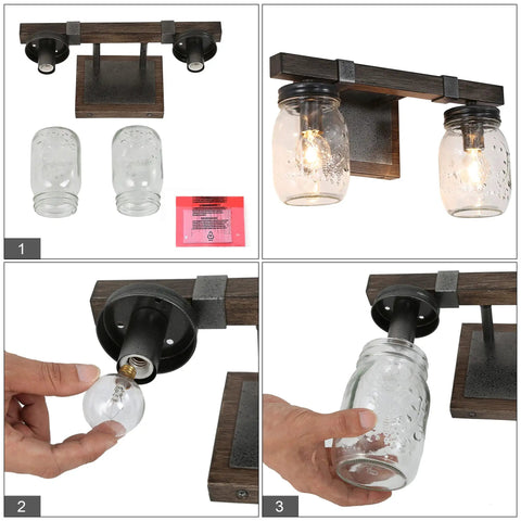 Two Light Mason Jar Vanity Light With Faux Wood Finish In Rustic Farmhouse Cozy Vibe Style Moisture Proof Metal Bath Vanity Lighting For Bathroom Or Bedroom Brown, showing installation of light bulb and jar.