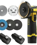 Powerful 19500 RPM Cordless Angle Grinder With 4000mAh Battery, multiple cutting and grinding discs displayed