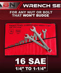 Raised Panel 16-Piece Combination Wrench Set SAE Standard 1/4 In To 1-1/4 In in red storage pouch.