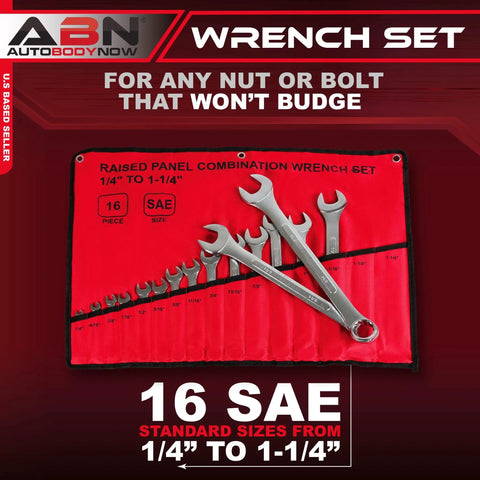 Raised Panel 16-Piece Combination Wrench Set SAE Standard 1/4 In To 1-1/4 In in red storage pouch.