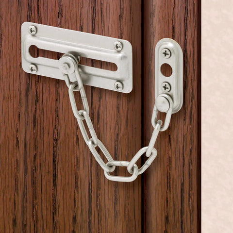 Door Guard With Steel Chain For Inward Swing Doors In Satin Nickel Heavy Duty Diecast And Steel Construction Built To Last