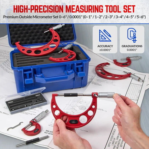 Six-Piece Outside Micrometer Set 0-6 Inches With Carbide Tips, Calibration Standards, Ratchet Stop, And Padded Hard Case displayed