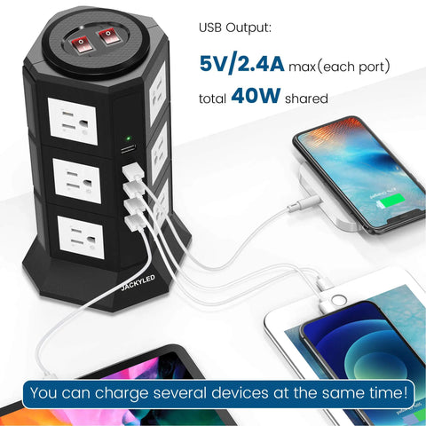 Beefy Heavy Duty Surge Protector Power Strip Tower With 12 AC Outlets, 3000W 15A, 5 USB Ports, charging multiple devices