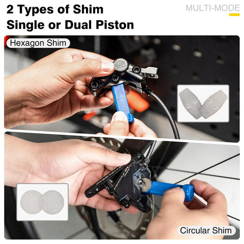 Hands using Bicycle Hydraulic Brake Caliper Spreader Tool for Mountain and Road Bikes with hexagon and circular shims.