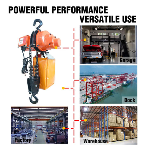 Electric chain hoist with orange body, hook and pendant, 2200 lb capacity, wireless and wired remote.