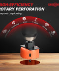 Heavy Duty 22 Piece Hole Saw Set With Upgraded Double Ground Teeth, Pro Grade Drill Kit For Drywall Plywood Pvc And Plastic, showing orange carbide hole saw on wood.