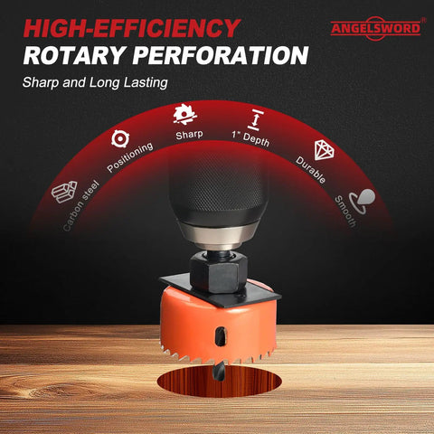 Heavy Duty 22 Piece Hole Saw Set With Upgraded Double Ground Teeth, Pro Grade Drill Kit For Drywall Plywood Pvc And Plastic, showing orange carbide hole saw on wood.