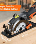 DOVAMAN 4-1/2 inch circular saw with laser on wood; orange and black body with metal auxiliary handle