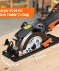 Side view of Beast Of A 5.8 Amp Circular Saw With Laser, 4-1/2 Inch Blade, metal auxiliary handle, on a wooden surface