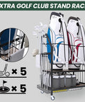 Two Level Golf Bag Organizer With Movable Lockable Wheels Dual Bag Rack For Two Golf Bags And Club Holder Extra Side Club Stand