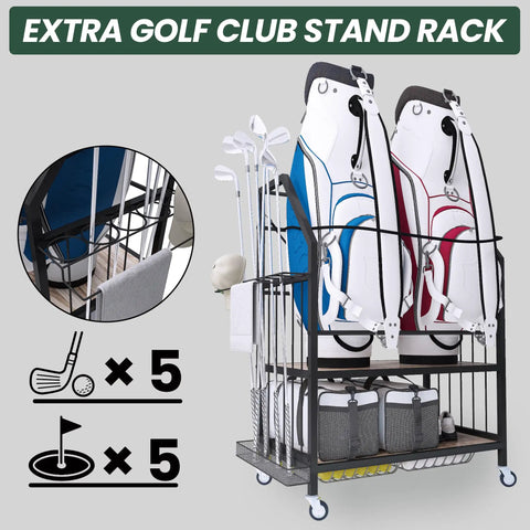 Two Level Golf Bag Organizer With Movable Lockable Wheels Dual Bag Rack For Two Golf Bags And Club Holder Extra Side Club Stand