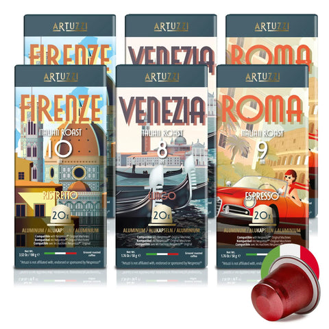 120 Count Nespresso Compatible Coffee Pods Go To Variety Pack For Original Machines Ristretto Espresso And Lungo Capsules Aluminum And Recyclable Packaging Today, showing colorful Italian-themed packaging and a red coffee pod.