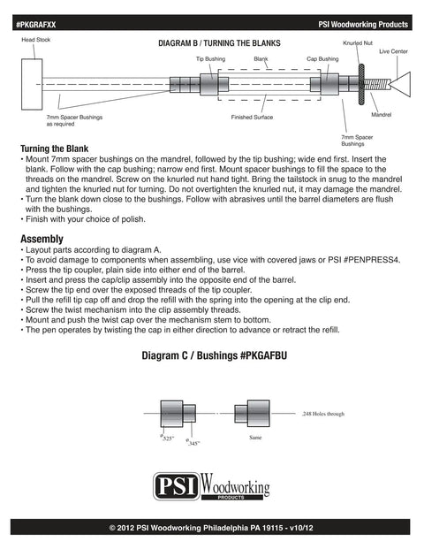 Diagram of Gatsby Grande Twist Ballpoint Pen Kit Starter Pack For Woodturning, showing assembly instructions and bushing details.