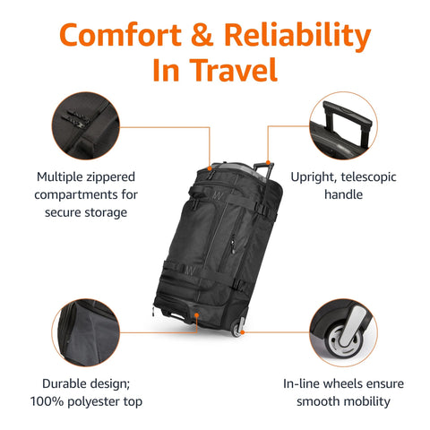 Front view of Amazon Basics 35-inch black rolling duffel bag with wheels and telescoping handle, ripstop polyester.