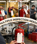 Must-Have Fire Extinguisher Inspection Tags 100 Pack With Wire Ties For Monthly Records And 2 Year Coverage Size Four And Three Quarters By Two And Three Eighths Inches Indoor And Outdoor Use For Easy Safety Compliance in use on various fire safety equipment in industrial setting.