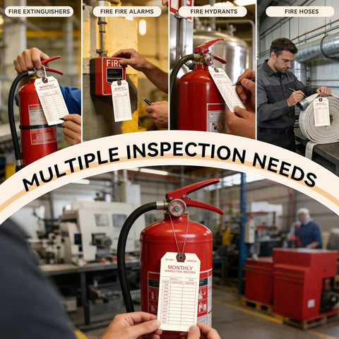 Must-Have Fire Extinguisher Inspection Tags 100 Pack With Wire Ties For Monthly Records And 2 Year Coverage Size Four And Three Quarters By Two And Three Eighths Inches Indoor And Outdoor Use For Easy Safety Compliance in use on various fire safety equipment in industrial setting.
