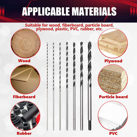7-piece extra-long brad-point drill bit set, 12in/300mm carbon steel; for wood and plywood