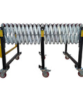 Hefty Expandable Roller Conveyor Adjustable From 47 To 118 Inches Long Heavy Duty Steel Beams And Pallet Moving System Telescoping Design shown with stainless steel rollers.