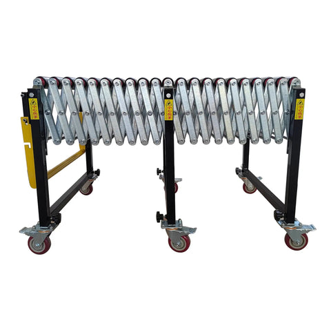 Hefty Expandable Roller Conveyor Adjustable From 47 To 118 Inches Long Heavy Duty Steel Beams And Pallet Moving System Telescoping Design shown with stainless steel rollers.