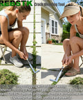 Two women using L Shaped Double Sided Beech Handle Stainless Steel Crevice Weeder Manual Weeding Tool on patio stones.