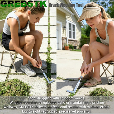 Two women using L Shaped Double Sided Beech Handle Stainless Steel Crevice Weeder Manual Weeding Tool on patio stones.
