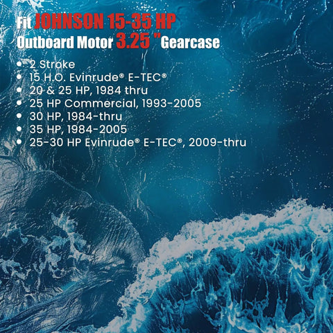 Image showing Johnson 15-35 HP outboard motor compatibility with 3.25-inch gearcase list over ocean wave background.