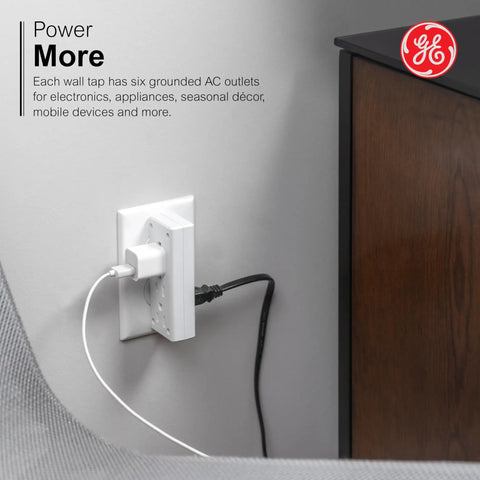 Six Outlet Side Entry Power Tap Side Access Adapter Converts Two Indoor Outlets Into Six, Slim Vertical, Space Saving Design