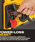 Built Like A Tank Portable Table Saw Equipped With Sturdy Rolling Cart And Premium Steel Blade showing power-loss reset feature for safety.