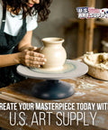 Front view of a beige clay vase on a large 12-inch sculpting wheel with metal turntable and base, US Art Supply.