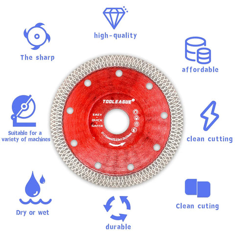 Diamond Saw Blade 4.5 Inch Super Thin Tile Blade For Cutting Porcelain Ceramic Granite Marble Stone Tiles 10 Pc Set Ideal For DIY And Pros With Clean Straight Cuts And Long Lasting Edge with red core and icons highlighting features.