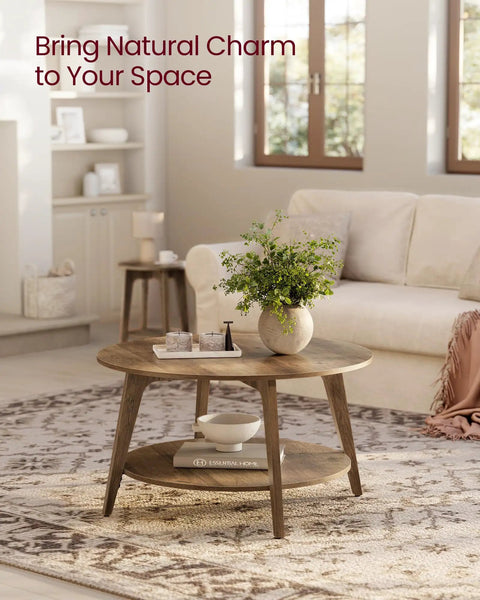 Round Coffee Table With Storage, 2 Tier Center Table, Tapered Legs And Curved Transitions in a living room, honey brown finish.