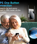 Couple using smartphone with 4X Faster WiFi Extender With Ethernet Port, Long Range Home Signal Booster in background