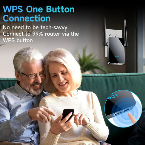 Couple using smartphone with 4X Faster WiFi Extender With Ethernet Port, Long Range Home Signal Booster in background