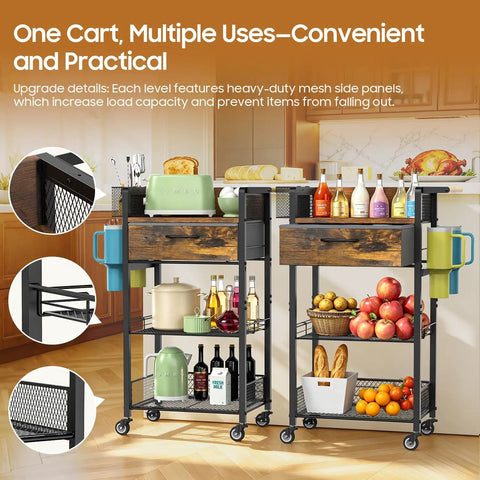 Four Tier Rolling Coffee Cart With Flexible Removable Shelves And Smooth Gliding Wheels versatile kitchen organizer with drinks and fruits.