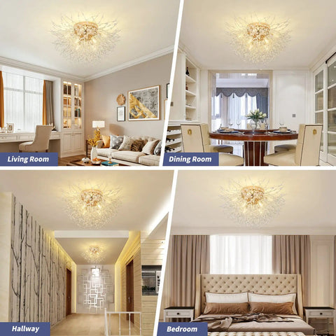 Sputnik Flush Mount Crystal Chandelier In Gold Finish Modern 8 Light Close To Ceiling Fixture For Bedroom Kitchen Hallway Entryway Sparkling Firework Design 11.8 Inch Height And 21.5 Inch Width