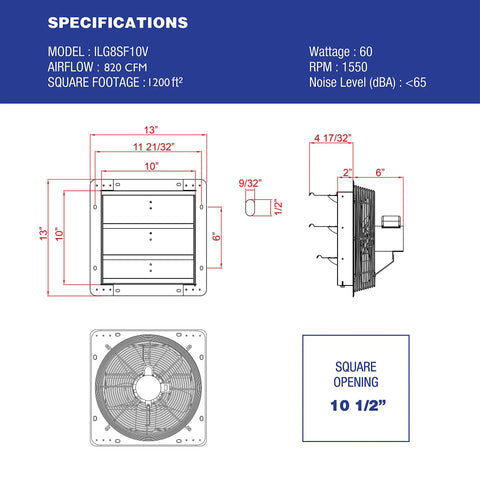 Specifications diagram of 10 Inch Wall Mounted Exhaust Fan With Automatic Shutter And Variable Speed For Attic Shed Or Garage Ventilation 820 CFM 1200 Sq Ft Coverage No Brainer Energy Saving Cooling Ready To Install Cord Not Included