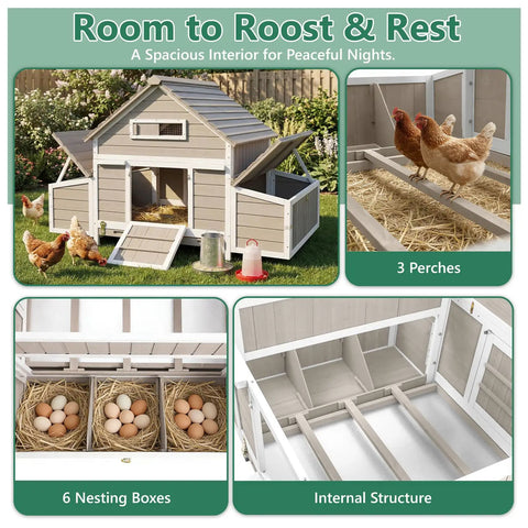 Spacious Wooden Chicken Coop With Six Nesting Boxes And Pull Out Tray For Four To Six Chickens, Weatherproof Open Roof, Three Perches