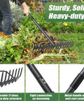 Person using Heavy Duty Bow Rake With Adjustable Handle, 5Ft Metal Yard Rake, 17 Tine Wide Head for lawn cleanup
