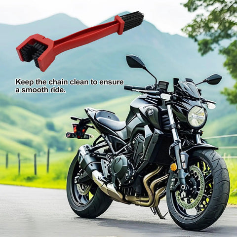 Red handled brush on motorcycle with Universal 2 Piece Bike And Motorcycle Chain Cleaning Brush Set For Gear Dirt Removal