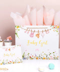 Roomy 13 Inch Baby Shower Gift Bag with Pink Tissue Paper Gift Card and Bow Featuring a Babysuit Banner, Baby Girl Decor
