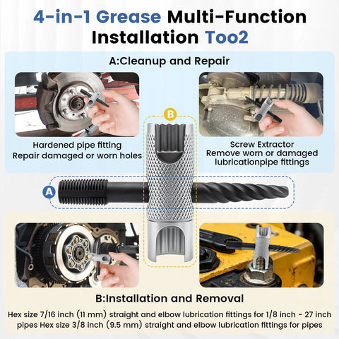 Two-piece knurled metal 4-in-1 grease zerk tool for installing and removing grease fittings.