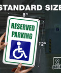 Reserved Handicap Parking Signs 8x12 Inches Reflective Aluminum 2 Pack, angled sign showing reserved parking and wheelchair symbol