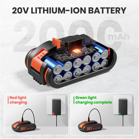 High Performance 20V Cordless Drill and Screwdriving Set with 2 Amp Hour Battery 42 Piece Kit Includes Extension Rod and Flexible Shaft Keyless Chuck Made Easy for Weekend Warriors lithium-ion battery with charging indicators.