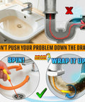 Kick Stubborn Sink Clogs Fast With This Heavy Duty Flexible Drain Snake Featuring A Universal Drill Coupler And Manual Grip Plus Three Replacement Wands For No Hassle Home Maintenance showing sink and clogging issue.