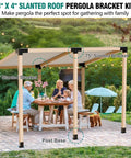 Family gathered under pergola with Slanted Pergola Brackets Kit For Outdoor Wood Beams, 15° and 75° angled brackets visible.
