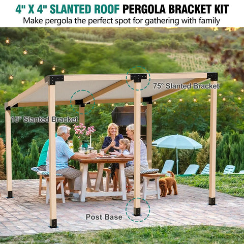 Family gathered under pergola with Slanted Pergola Brackets Kit For Outdoor Wood Beams, 15° and 75° angled brackets visible.