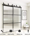 Installed Bypass Glass Barn Door Kit With Double 6-Foot Hardware, 72 By 84 Inch Sliding Door Set In Reeded Glass, Black Carbon Steel Frame