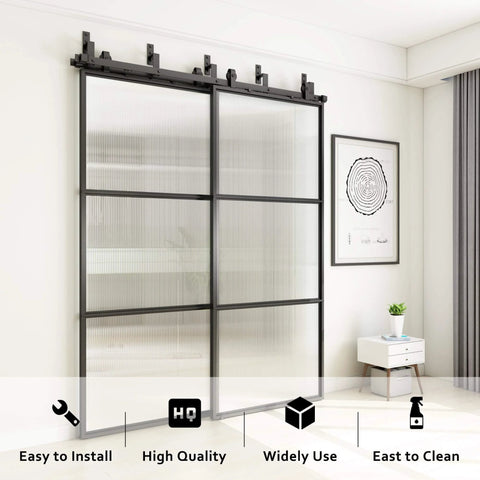 Installed Bypass Glass Barn Door Kit With Double 6-Foot Hardware, 72 By 84 Inch Sliding Door Set In Reeded Glass, Black Carbon Steel Frame